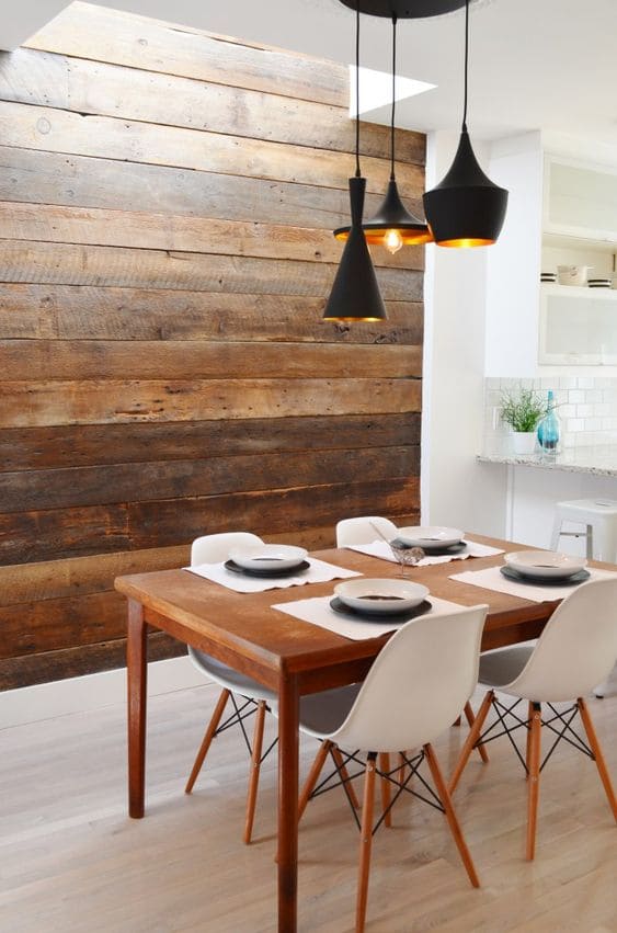 wood dining room accent wall